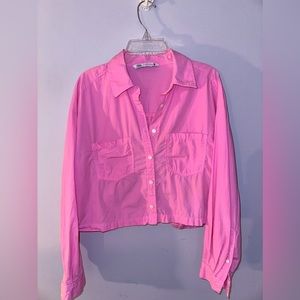 XS pink zara long sleeve cropped button up top